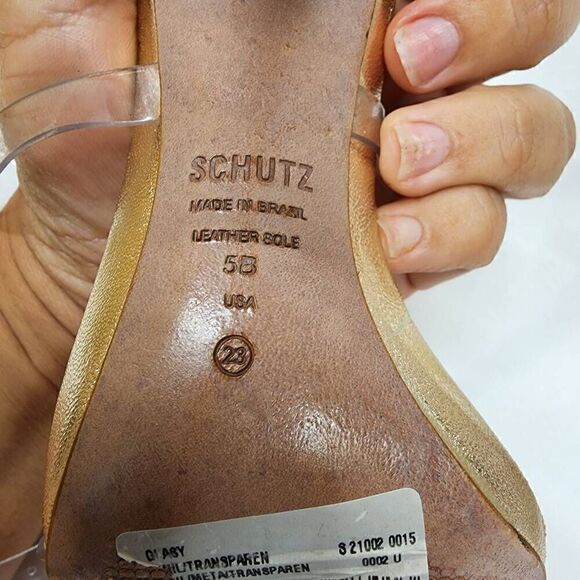 Schutz Size 5 B Glasy Gold Metallic Transparent Heel Sandals M - Picture 5 of 10